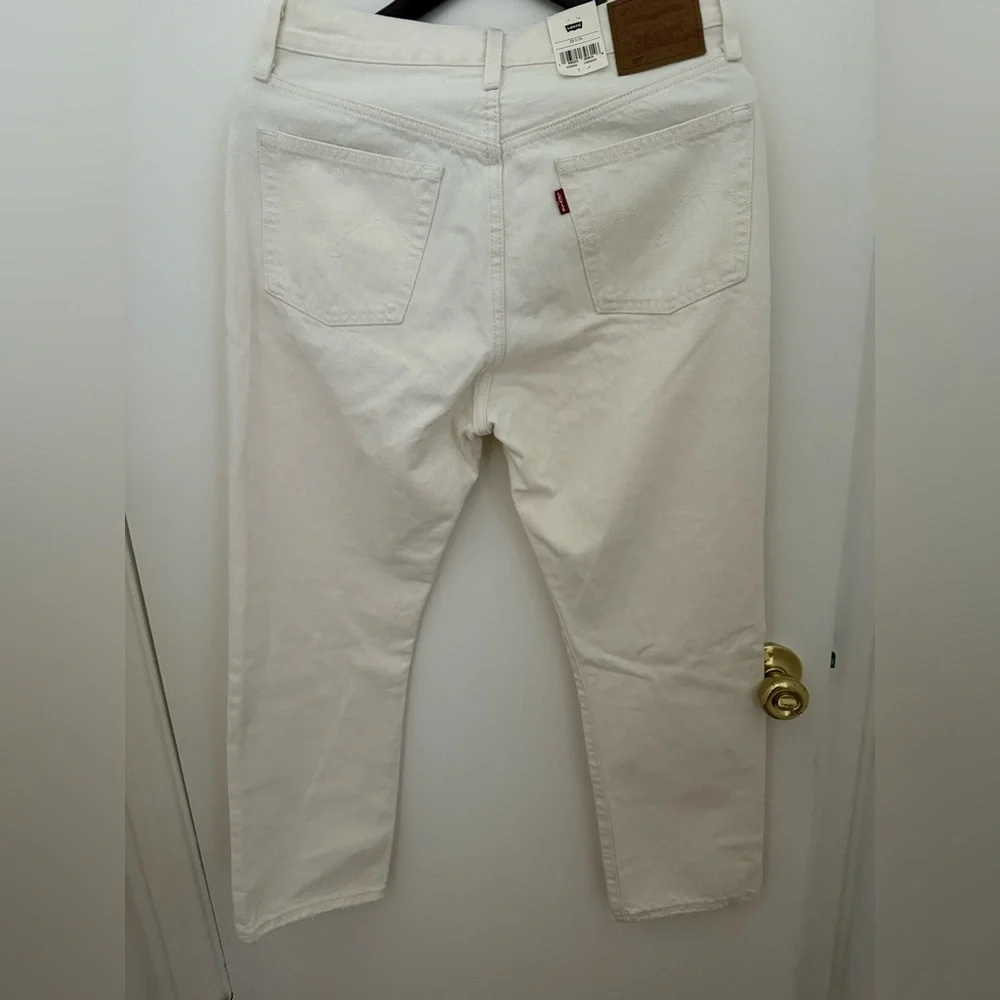 Levis 501 Cropped Jeans High Rise Straight Leg Distressed Ecru-White Woman’s. - Picture 2 of 5